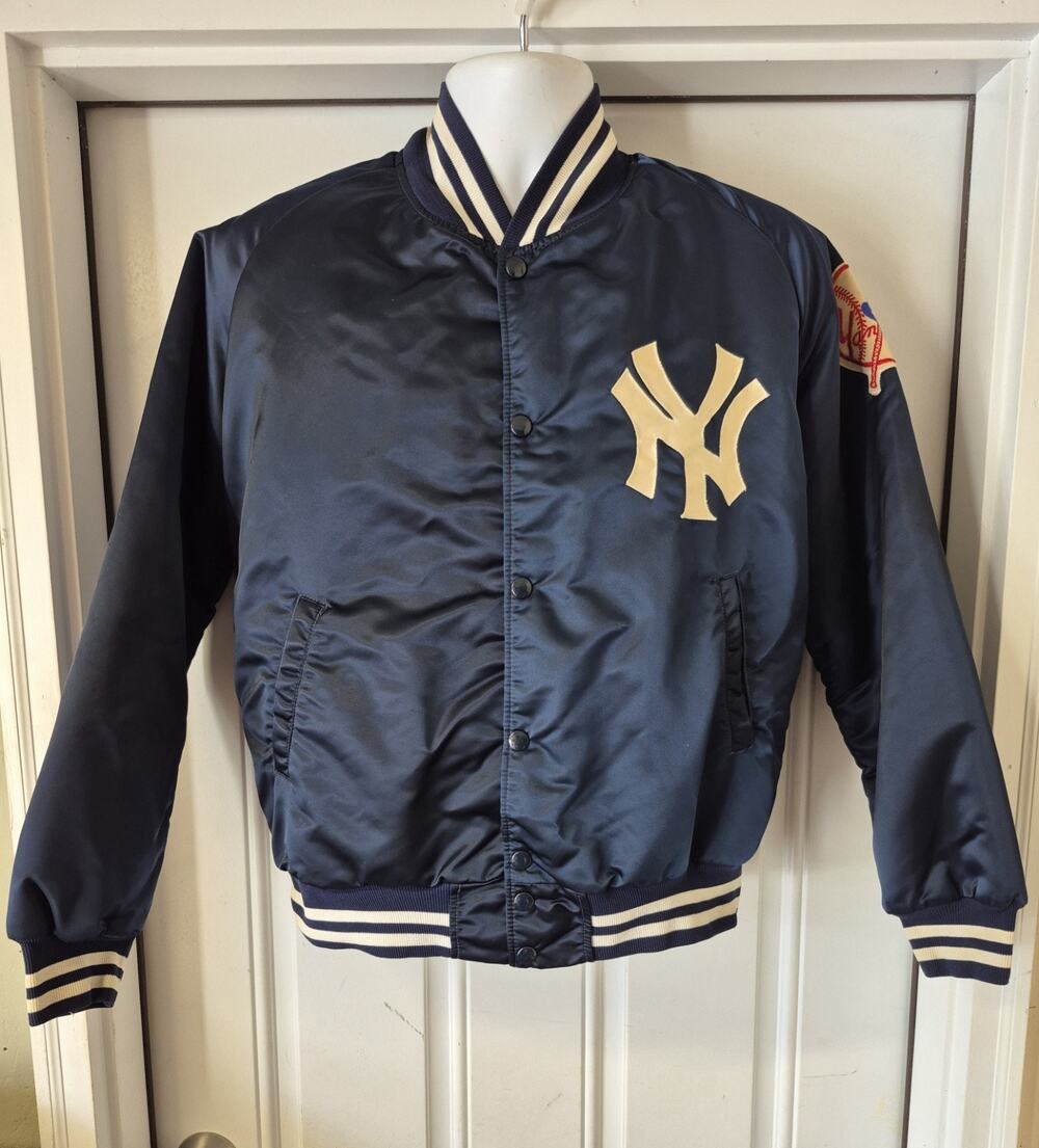 Vintage 80s MLB NY Yankees PYRAMID AUTHENTIC SATIN BOMBER JACKET Sz M USA